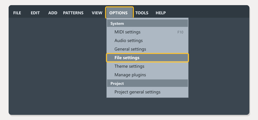 Open the Options menu and choose File settings