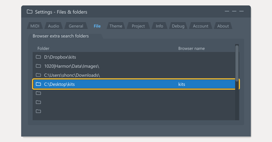 The Browser extra search folders list with the kits folder added